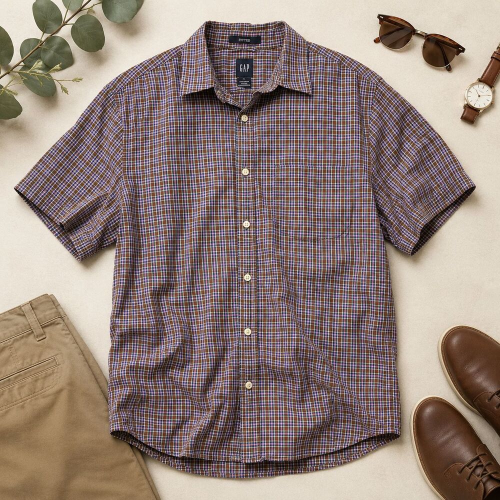 Gap Fitted Shirt Mens L Brown Blue Plaid Short Sleeve Button Front Cotton